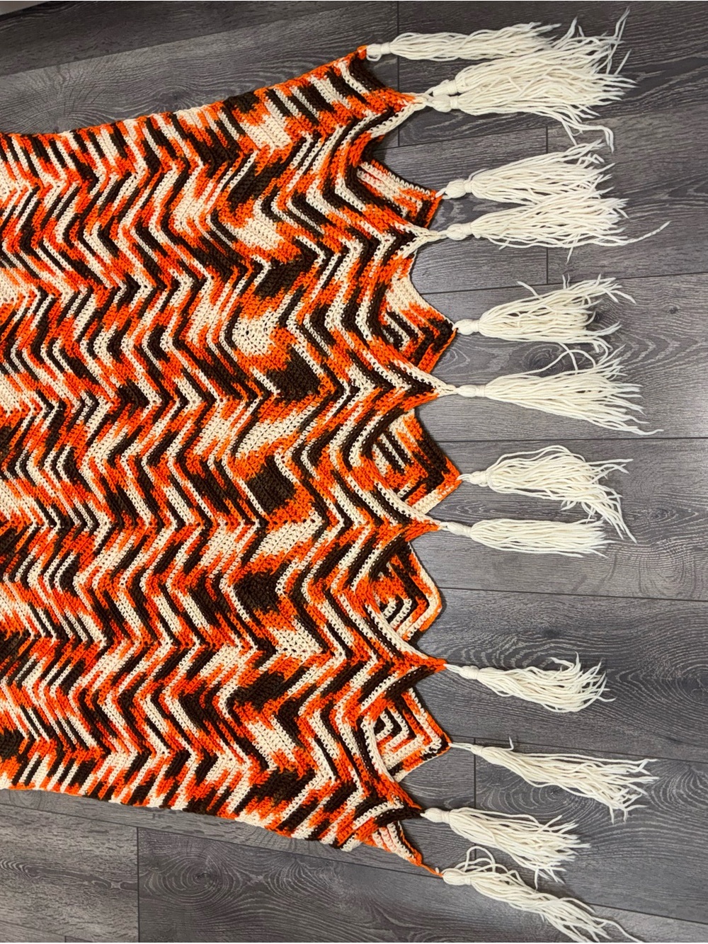 Vintage Throw Blanket Chevron Knit Fringe Throw in Orange, Black & Cream